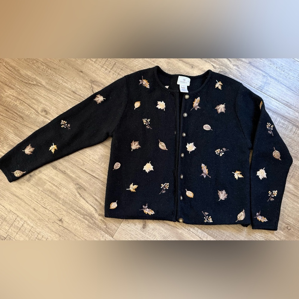 Wool Black Leaf Pattern Cardigan - image 1